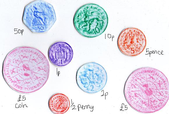 We found an odd assortment of coins including a commemorative £5 coin and an out of date ha'penny - anything goes when you're making it up yourself!