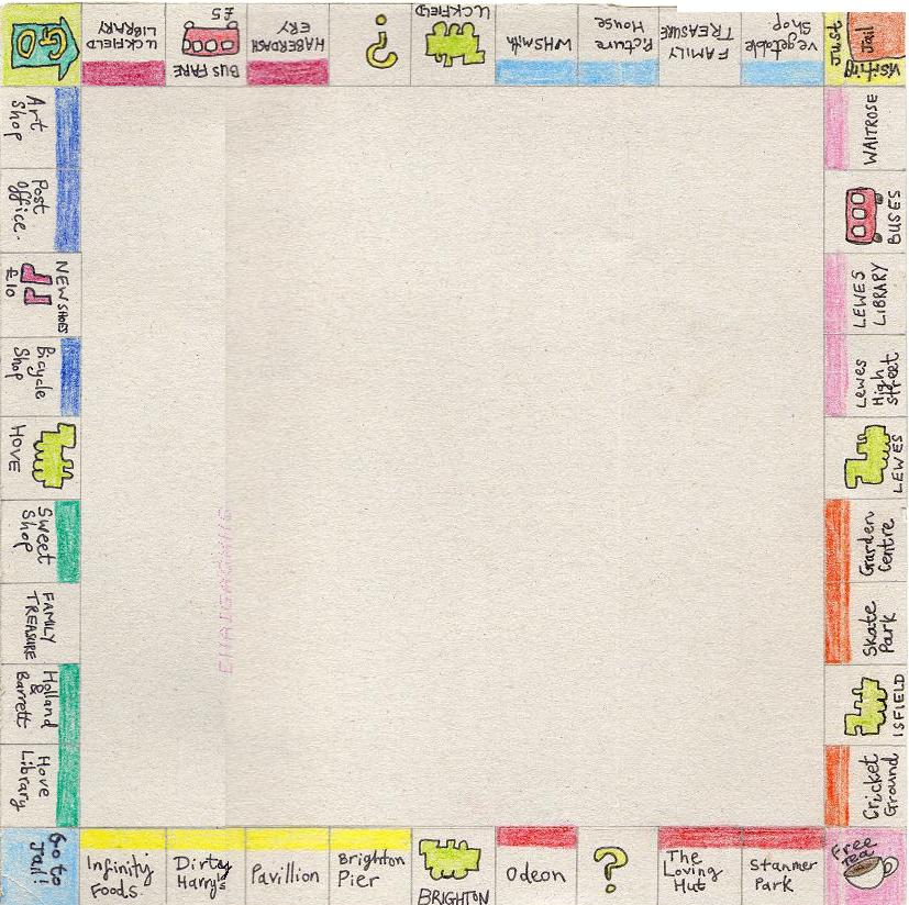 Cut out a large square of cardboard from your cereal box or whatever and draw a line inside the outer edge to create a border.  Then divide the border into squares like this.  A traditional Monopoly board has 40 evenly-sized squares altogether, like this one, but if you want you can have a random number of different-sized squares.  It's up to you!