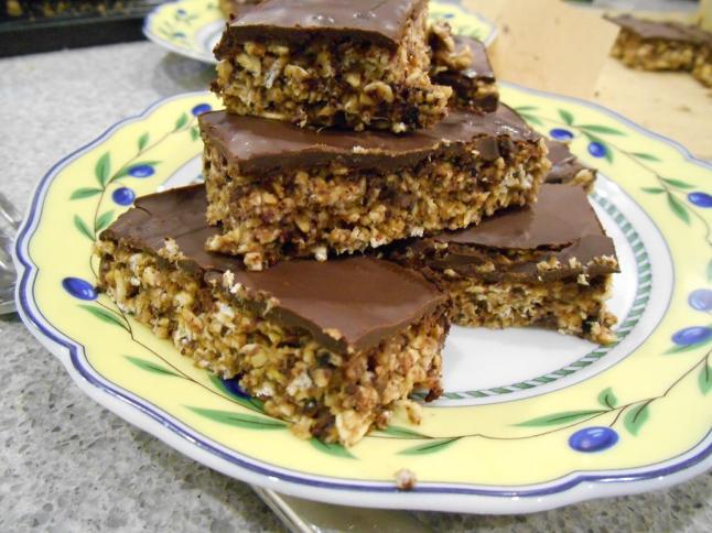 blueberry chocolate flapjacks close up