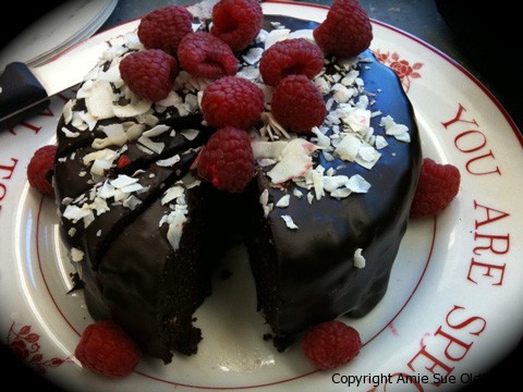 Raw vegan chocolate cake with ganache frosting