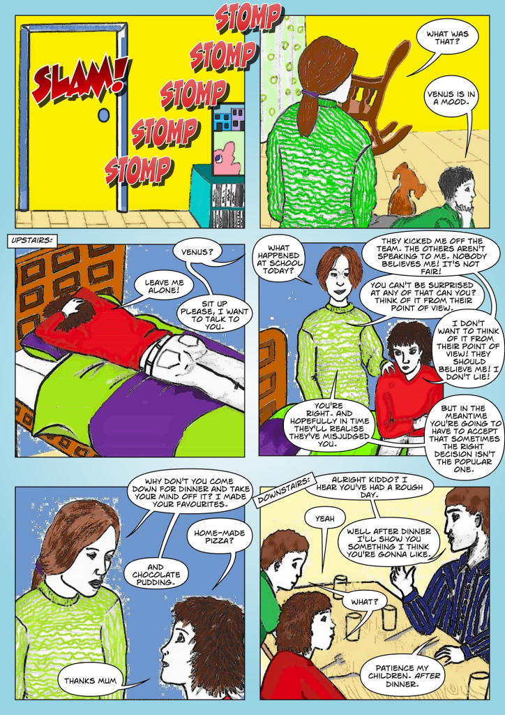 Page two of Venus Aqueous #3 vegan comic for kids Basking Shark.  Venus is at home, and upset about being kicked off the team.  Her mum cheers her up with homemade pizza and chocolate cake, and her dad says he has a surprise.