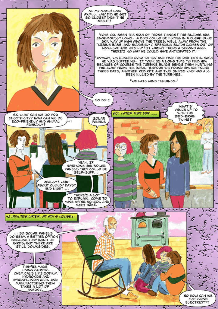 Venus, Adi and Jean discuss the ways that wind turbines are dangerous to birds, and they go to Adi's grandfather for more information.