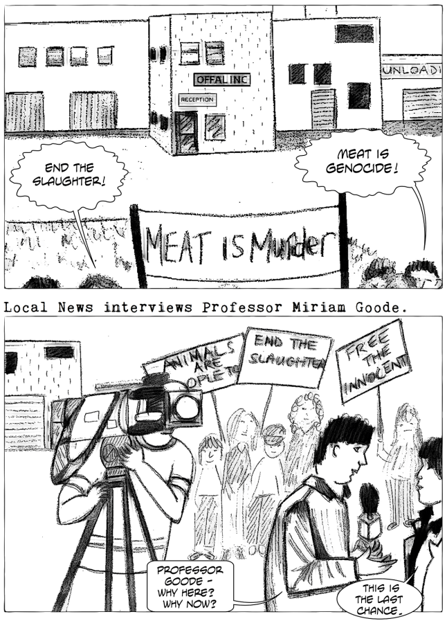 Maddicts page 13 vegan comic for ages 12 and up, graphic novel, meat is murder