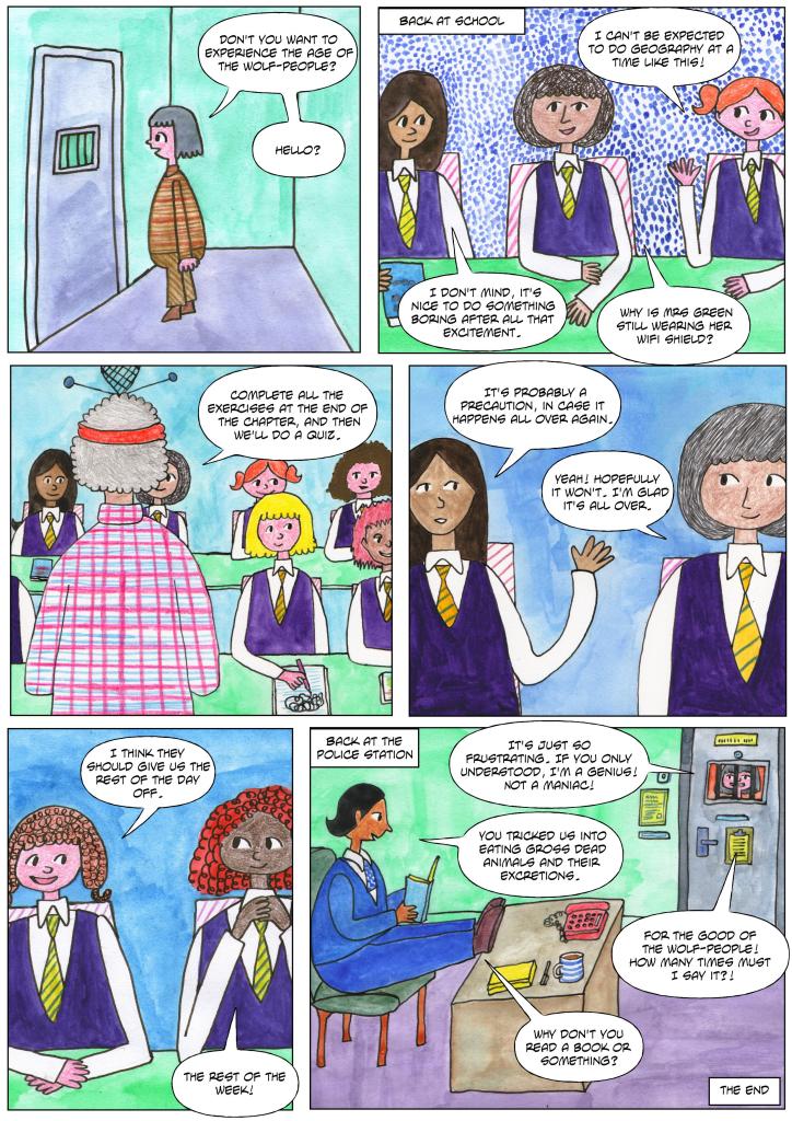 vegan comic for children - "Don't you want to experience the age of the wolf-people?"  "I can't be expected to do geography at a time like this!"