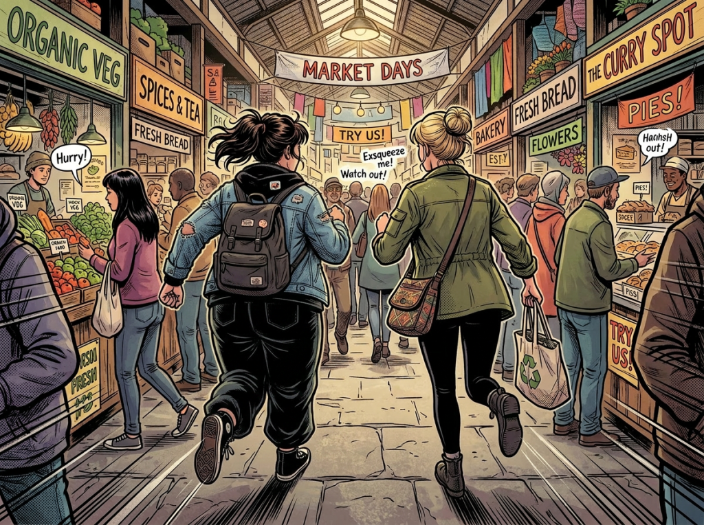 Crowded indoor market with people shopping for organic vegetables, spices, bread, and pies