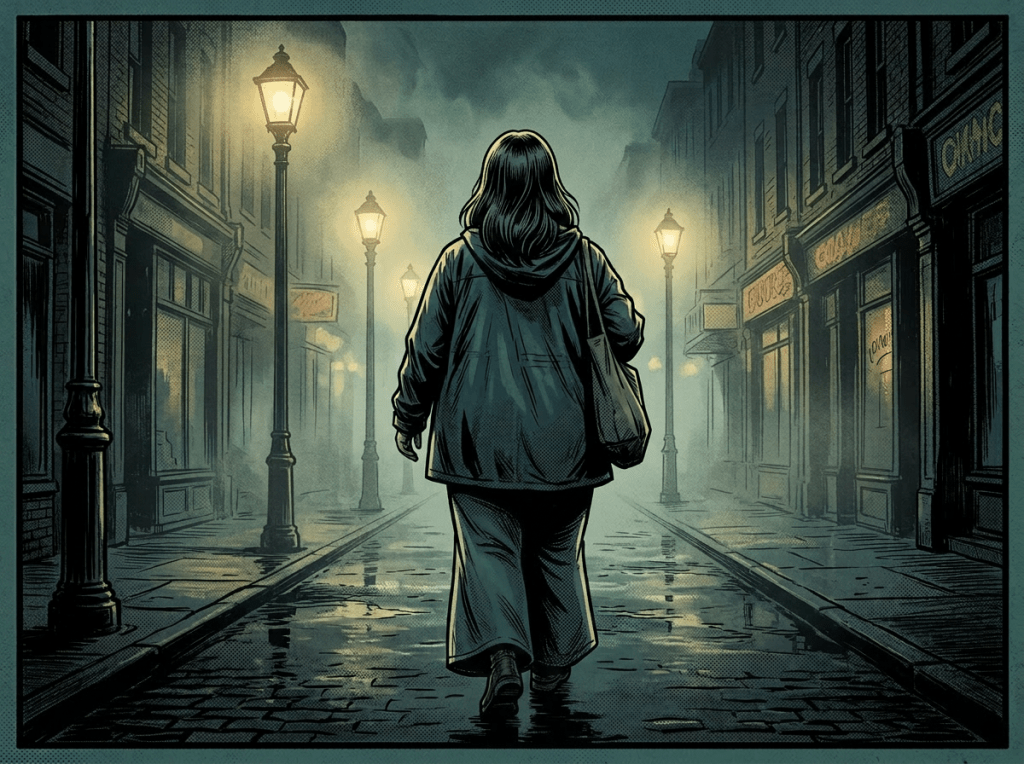 Person walking alone on a wet cobblestone street under street lamps in foggy night