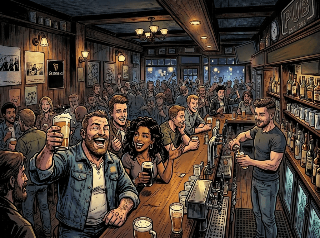 Crowd of people drinking and socializing at a lively pub bar