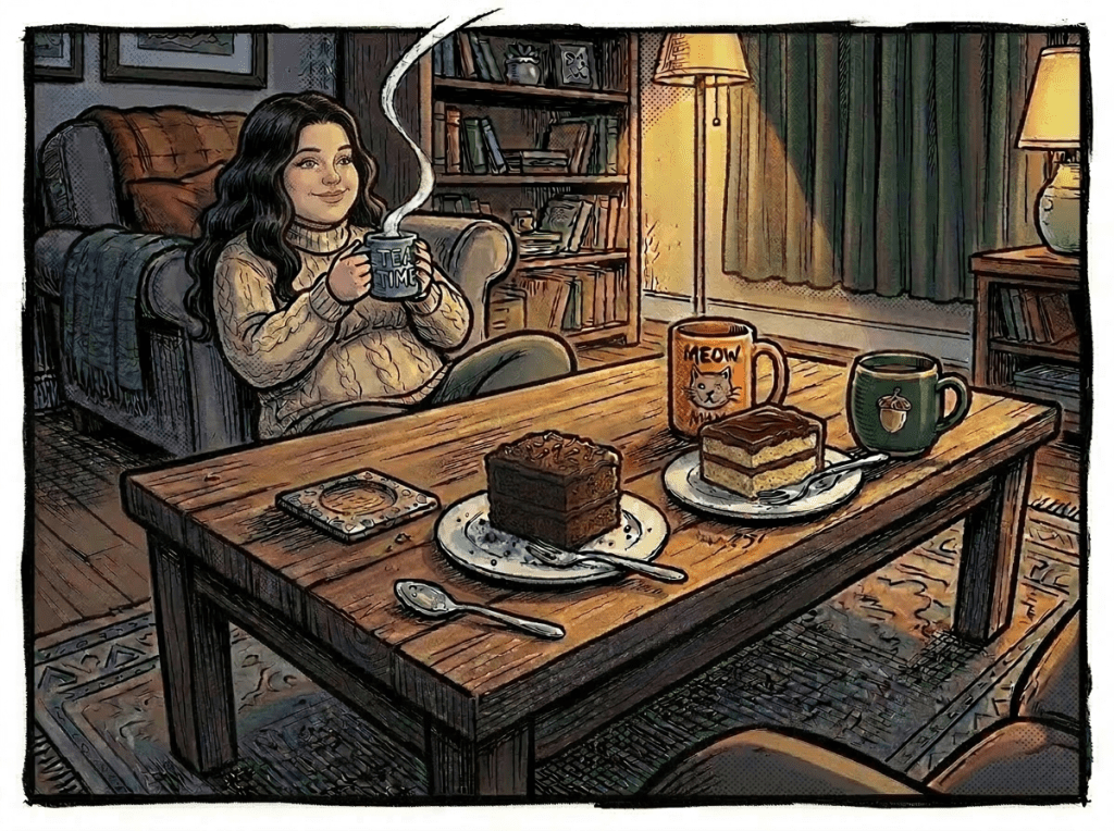 Steaming tea cup, cake slices, teapot, and comic book on a wooden coffee table in a cozy living room
