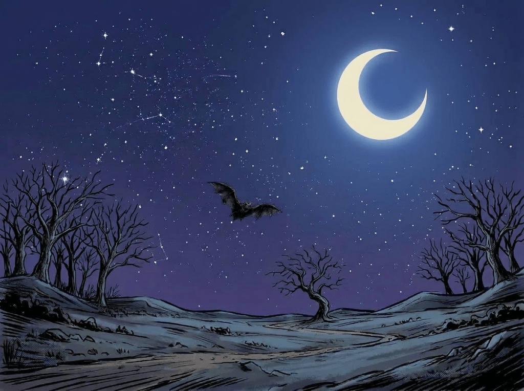 Bat flying at night with glowing crescent moon and cloudy sky