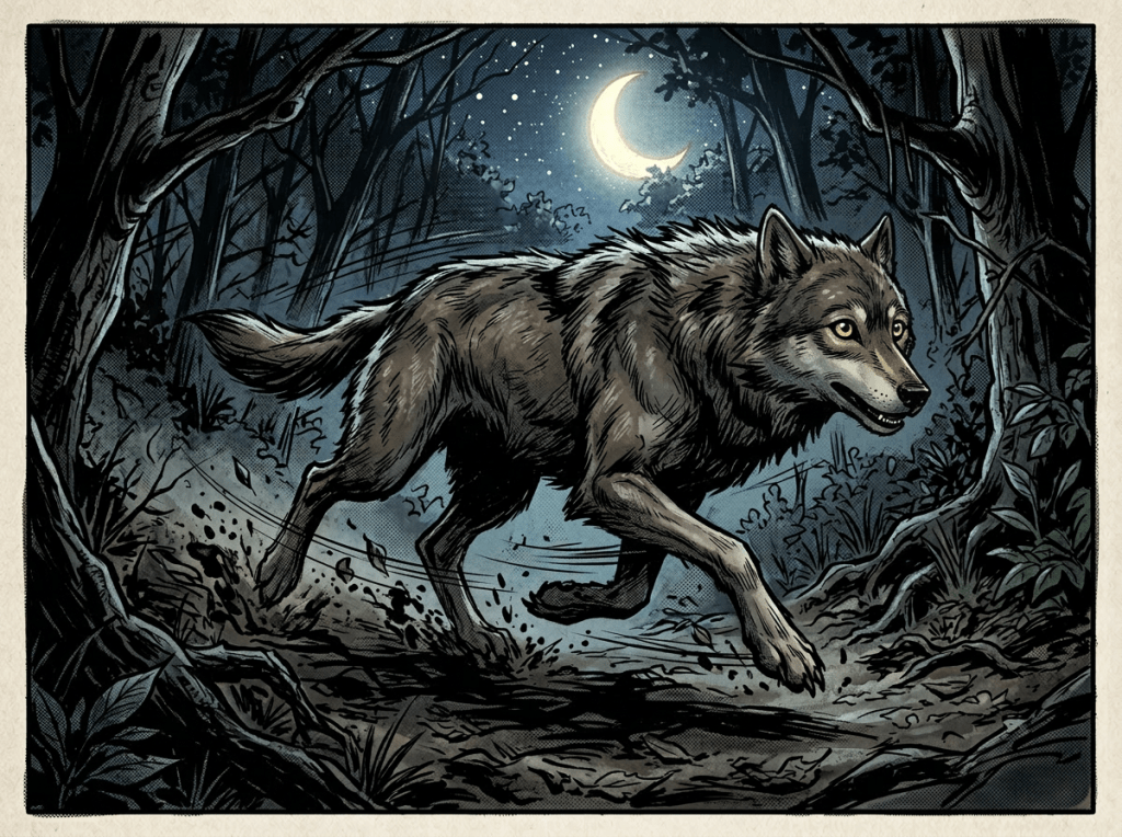 A wolf with glowing yellow eyes running through a dark forest at night with a crescent moon and stars above