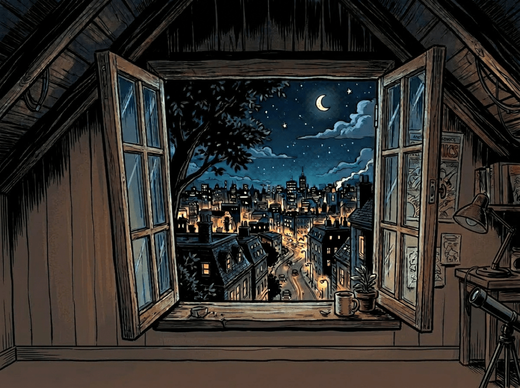 Open attic window overlooking city at night with crescent moon and stars