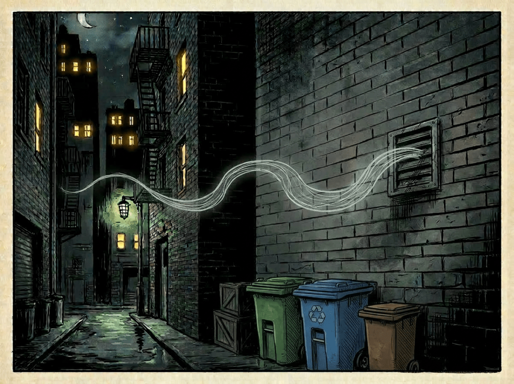 White ghostly smoke swirling out of a vent in a dark urban alley at night