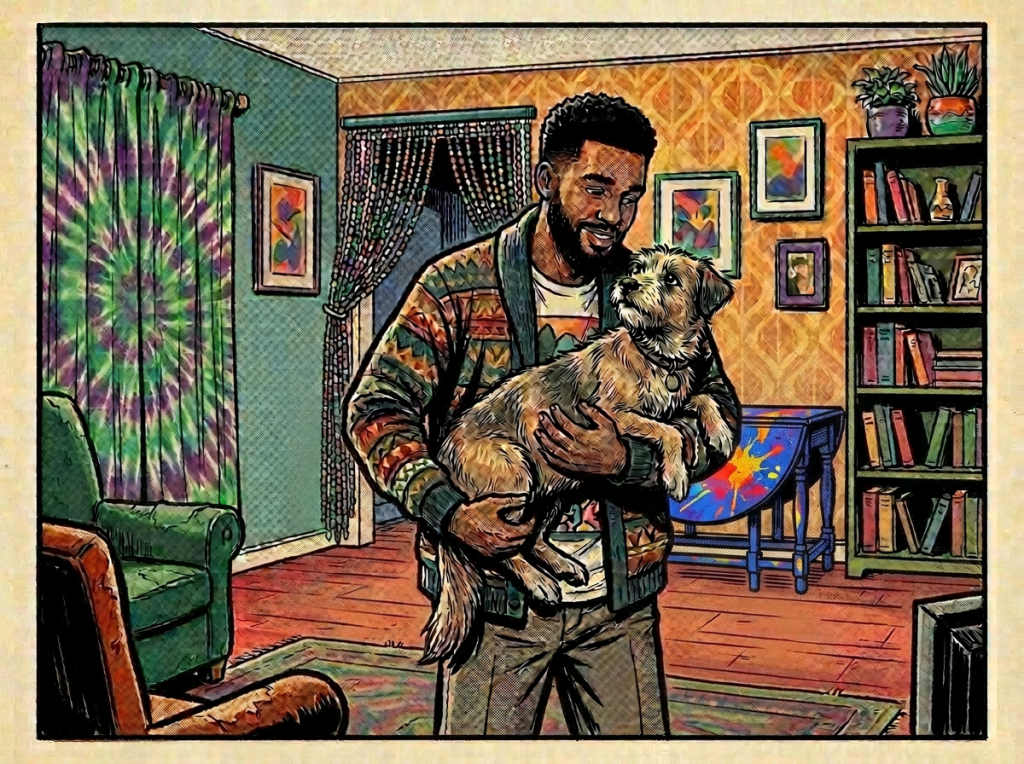Man in green cardigan holding an elderly golden retriever dog inside a living room