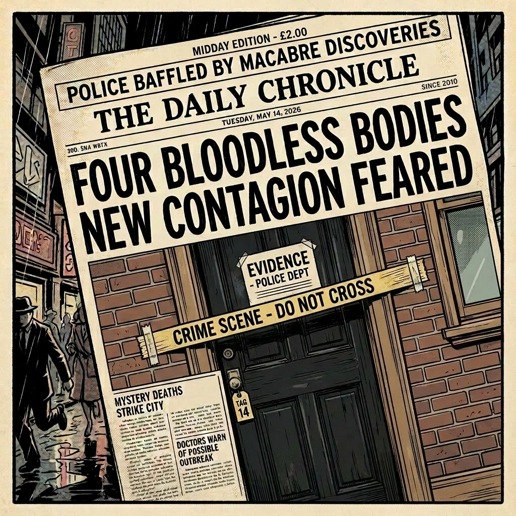 Vintage crime headline on contagion scare Man holding a newspaper with headline 'Four Bloodless Bodies New Contagion Feared' in a rainy city street scene