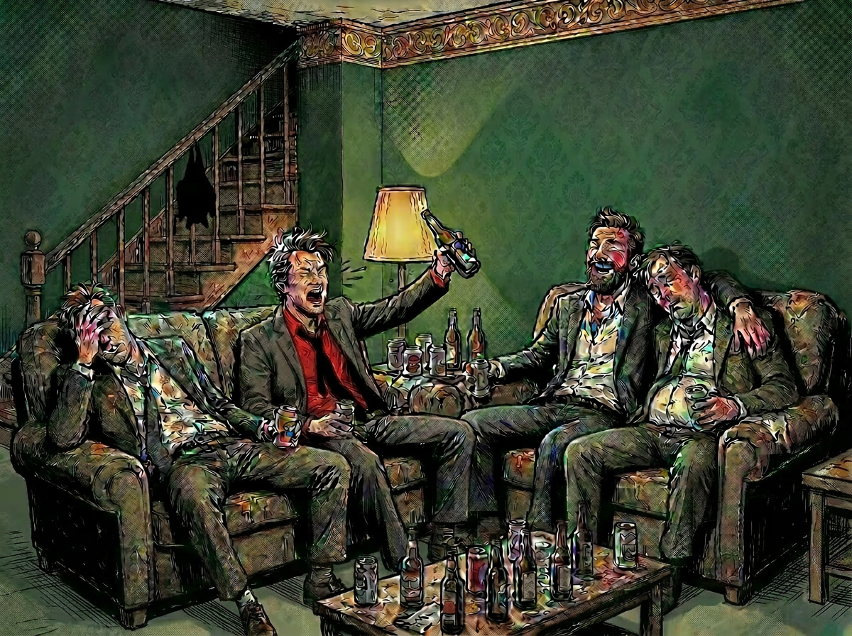 Four men watching football on TV drinking beer in messy living room