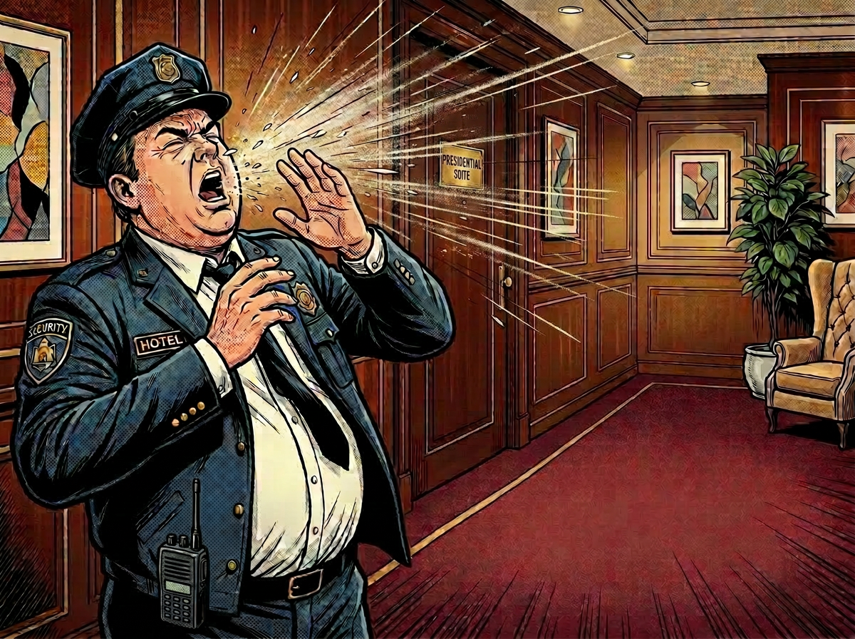 Hotel security guard sneezing outbreak Hotel security guard sneezing loudly in hallway with two shocked people reacting