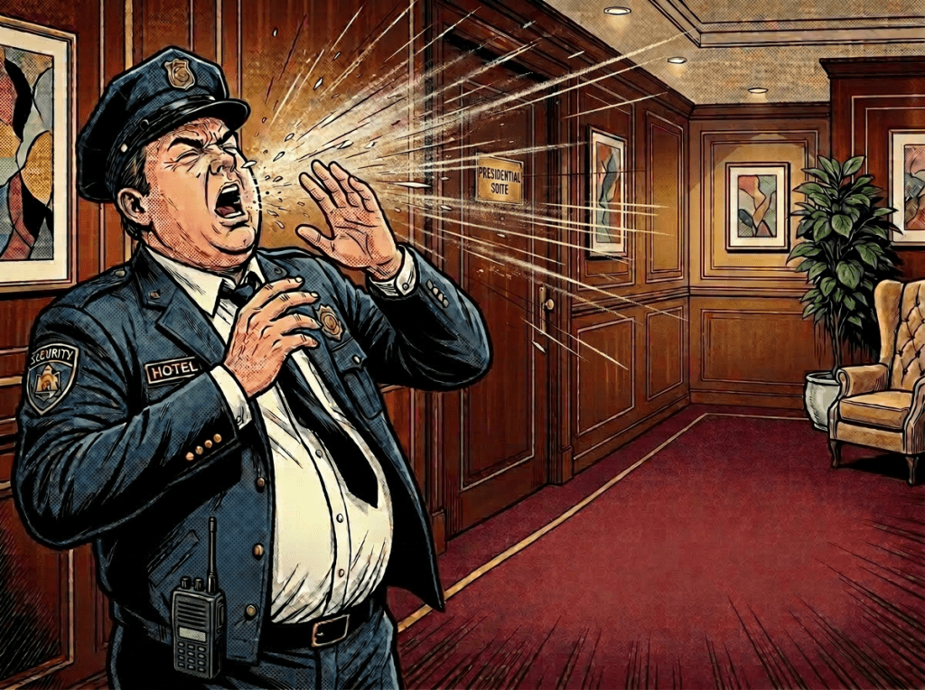 Hotel security guard sneezing loudly in hallway with two shocked people reacting