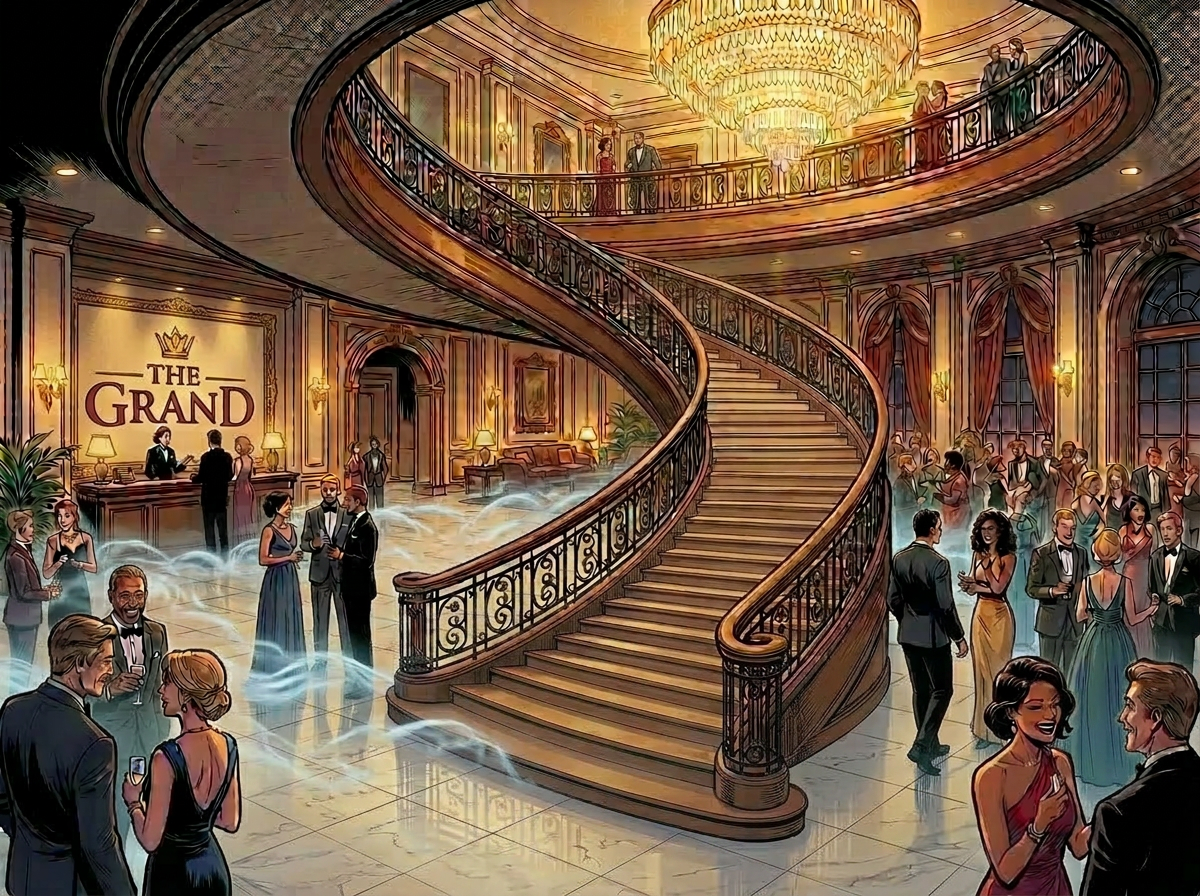 Elegant hotel lobby with grand staircase Guests dressed in formal attire at Hotel Grand Ambassador lobby with curved staircase
