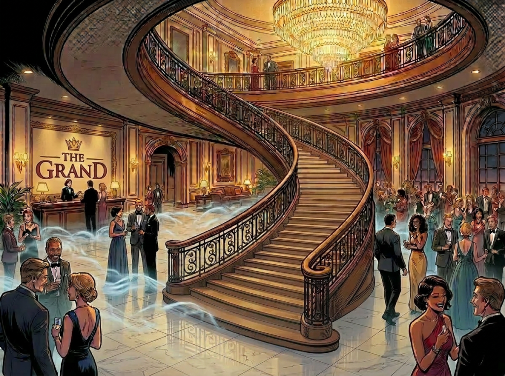 Guests dressed in formal attire at Hotel Grand Ambassador lobby with curved staircase
