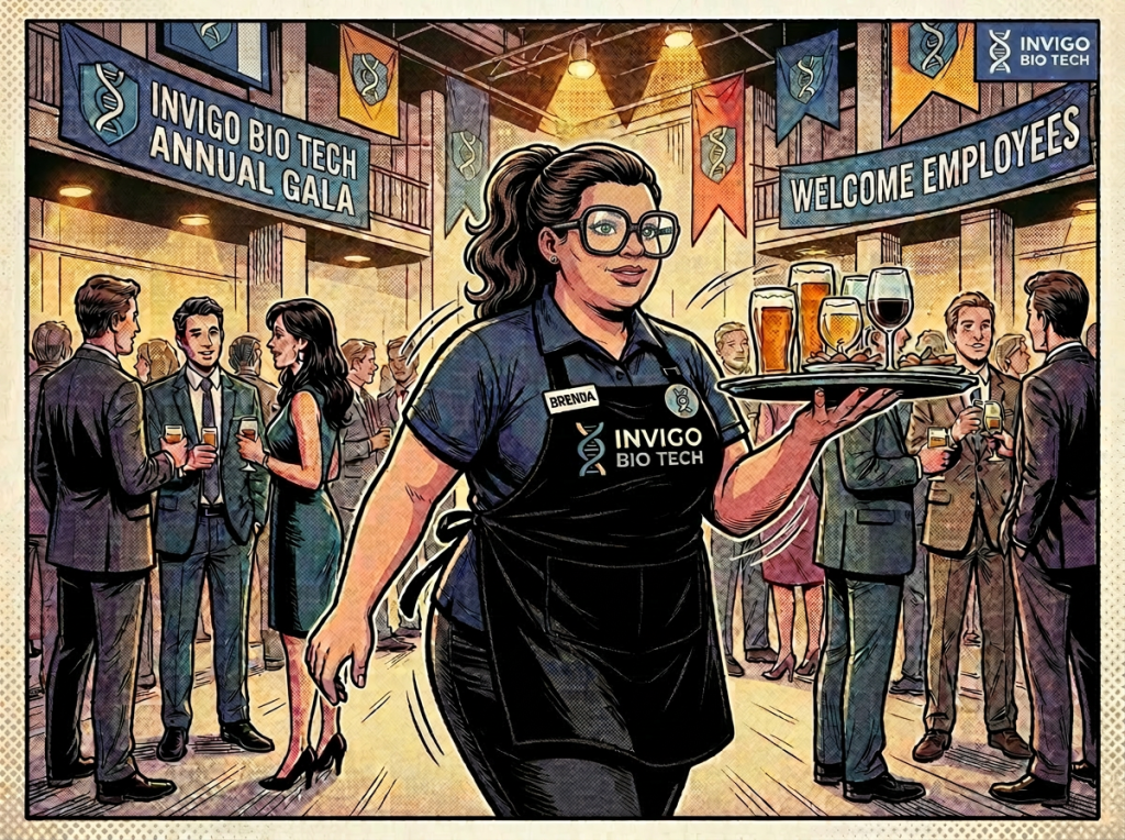 Waitress Brenda serving drinks at TechCorp annual gala while employees chat and socialise