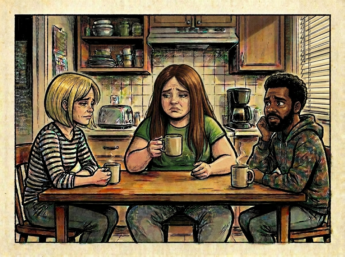 Friends sharing morning kitchen conversation Three friends sitting at a kitchen table having breakfast and talking
