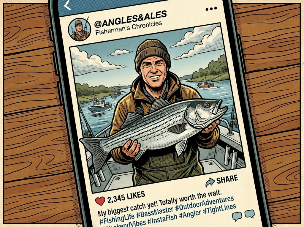 Fisherman holding a large fish with fishing dock and water background in social media post